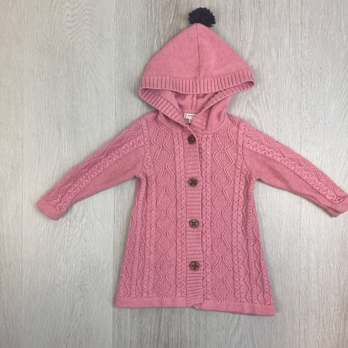 Pure Baby Girls Knitted Pink Organic Cotton Cardigan Hoodie Size 12 - 18 Months