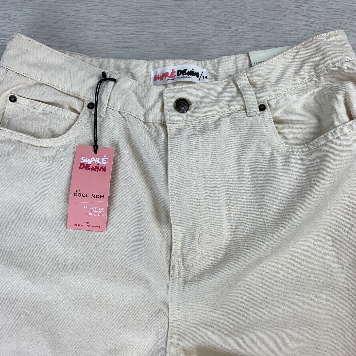 Supre Demin ‘The Cool Mom’ Tapered High Rise Bone Coloured Jeans Size 14