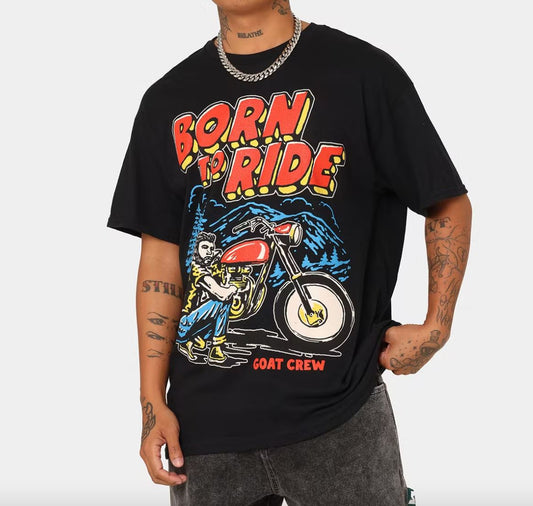 Goat Crew Motorcycle Theme 'Born to Ride' Mens Black T-Shirt Size L