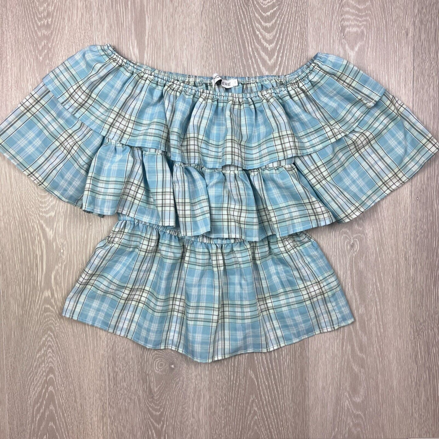 Atmos & Here Womens Plaid Ruffle Top Short Sleeve Size 8