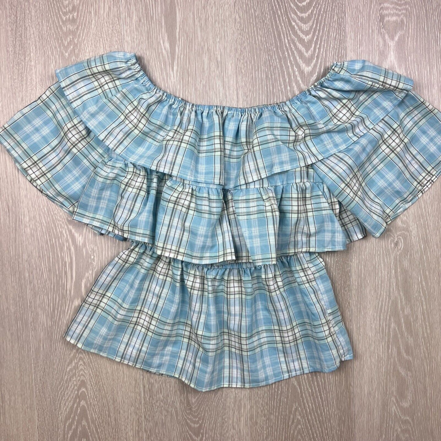 Atmos & Here Womens Plaid Ruffle Top Short Sleeve Size 8