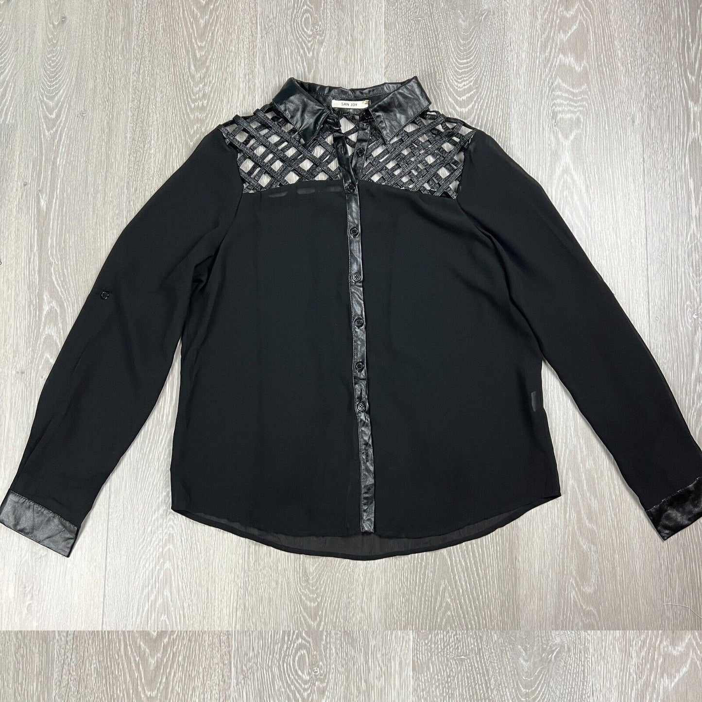 San Joy Womens Black Long Sleeve Sheer Blouse Size M