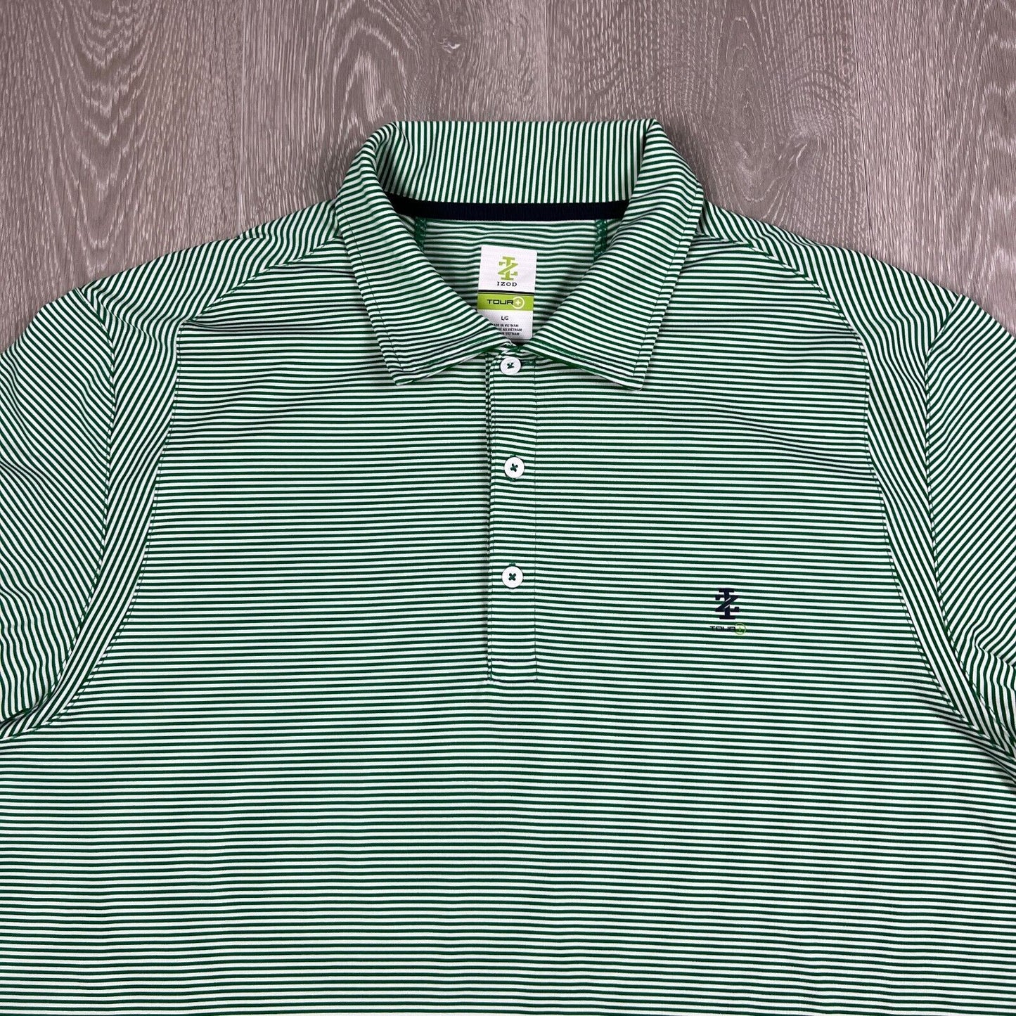 IZOD Tour Plus Mens Green Striped Golf Polo Shirt Size Large