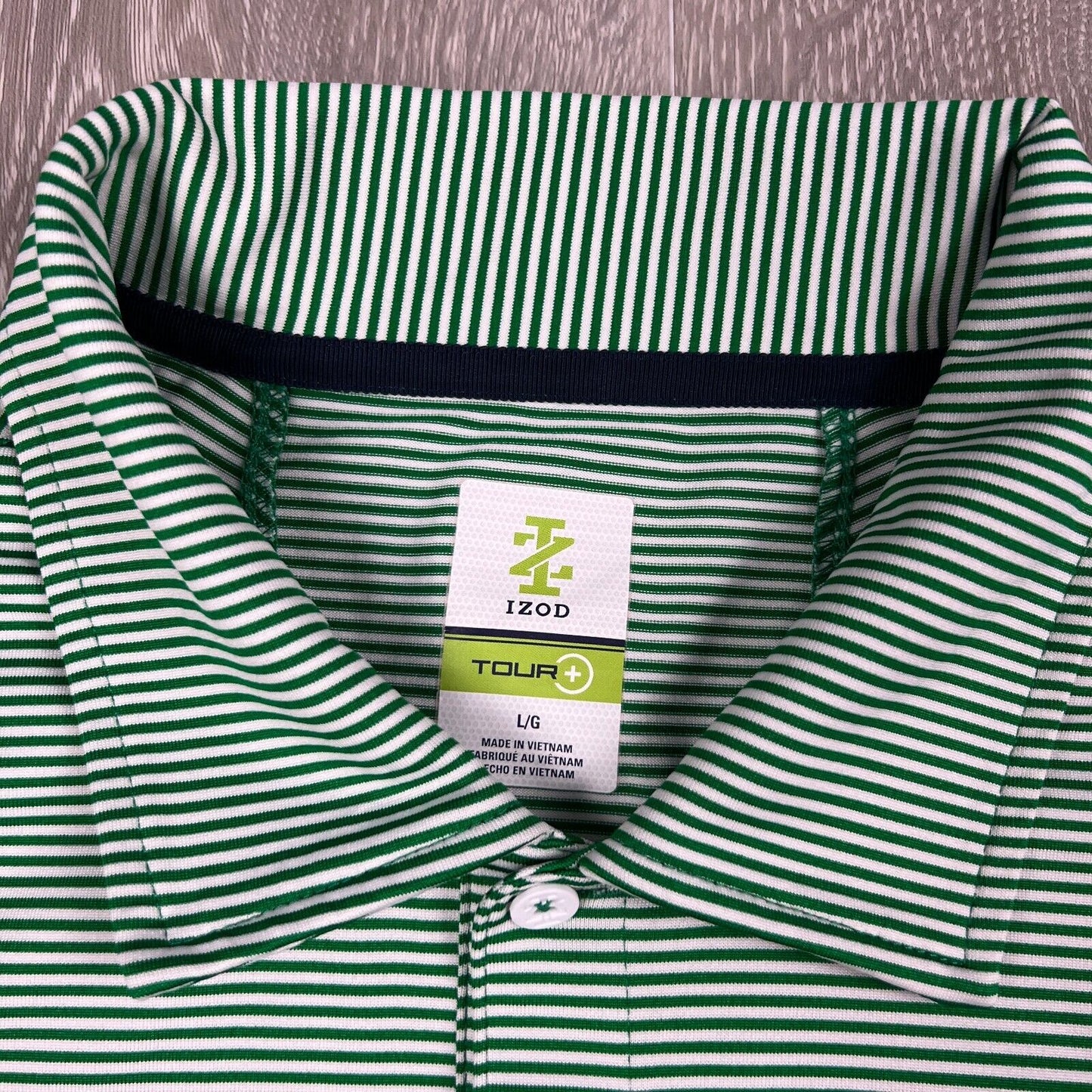 IZOD Tour Plus Mens Green Striped Golf Polo Shirt Size Large