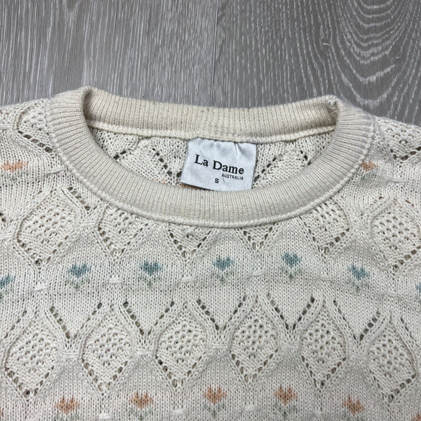 Vintage La Dame Australia Knitted Crochet Cream Jumper Sweater Size Small