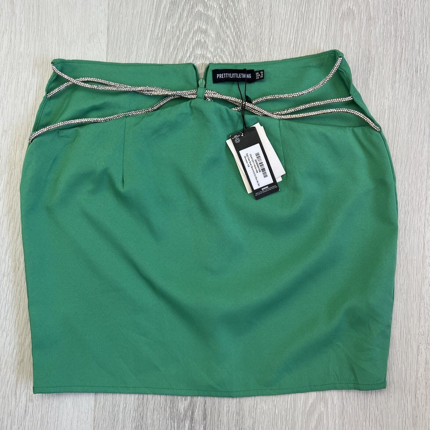 Prettylittlething Bright Green Woven Diamante Cut Out Micro Mini Skirt Size 10