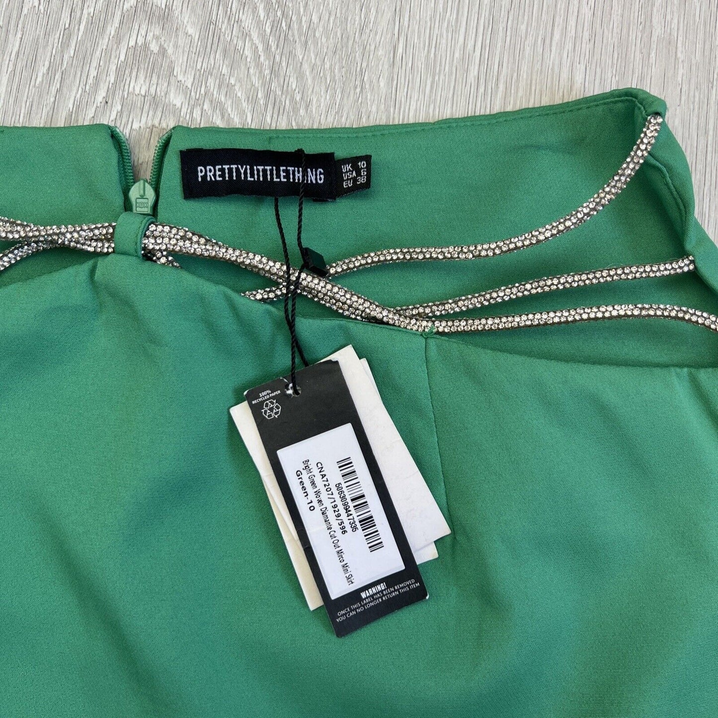 Prettylittlething Bright Green Woven Diamante Cut Out Micro Mini Skirt Size 10