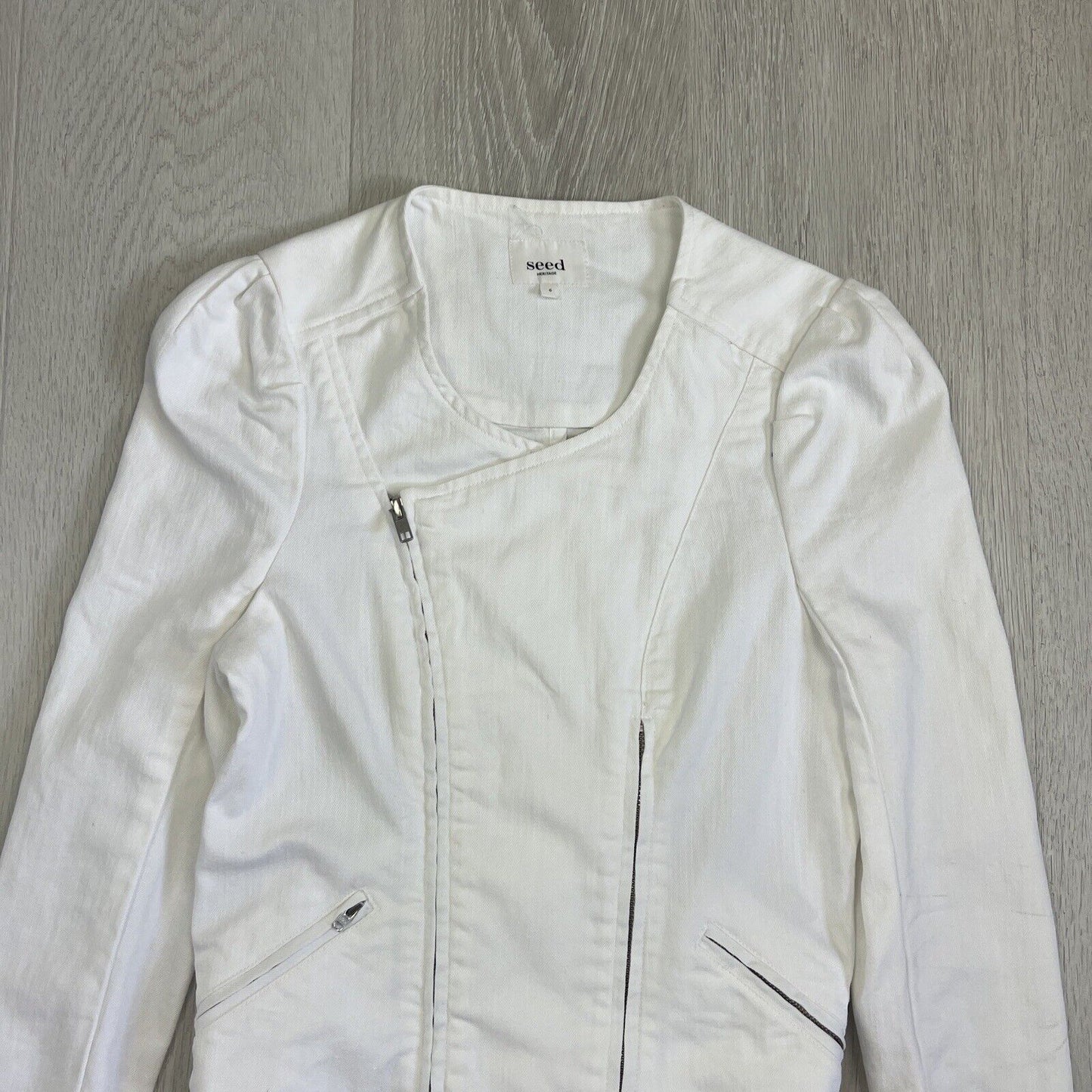 Seed Hertiage Womens White Denim Biker Jacket Size 6